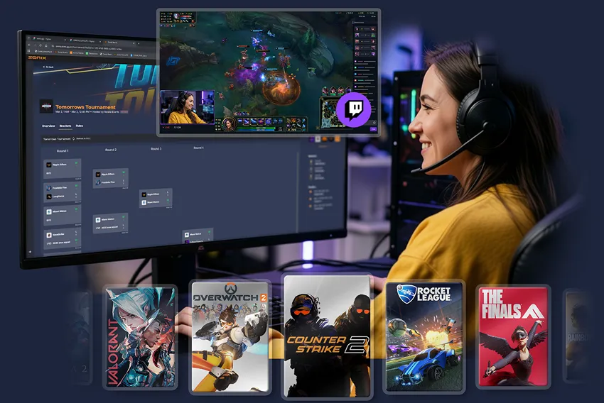 A smiling female gamer at her desk, surrounded by digital overlays of a tournament bracket, a Twitch stream, and popular game covers.