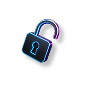 A glowing, neon open padlock icon