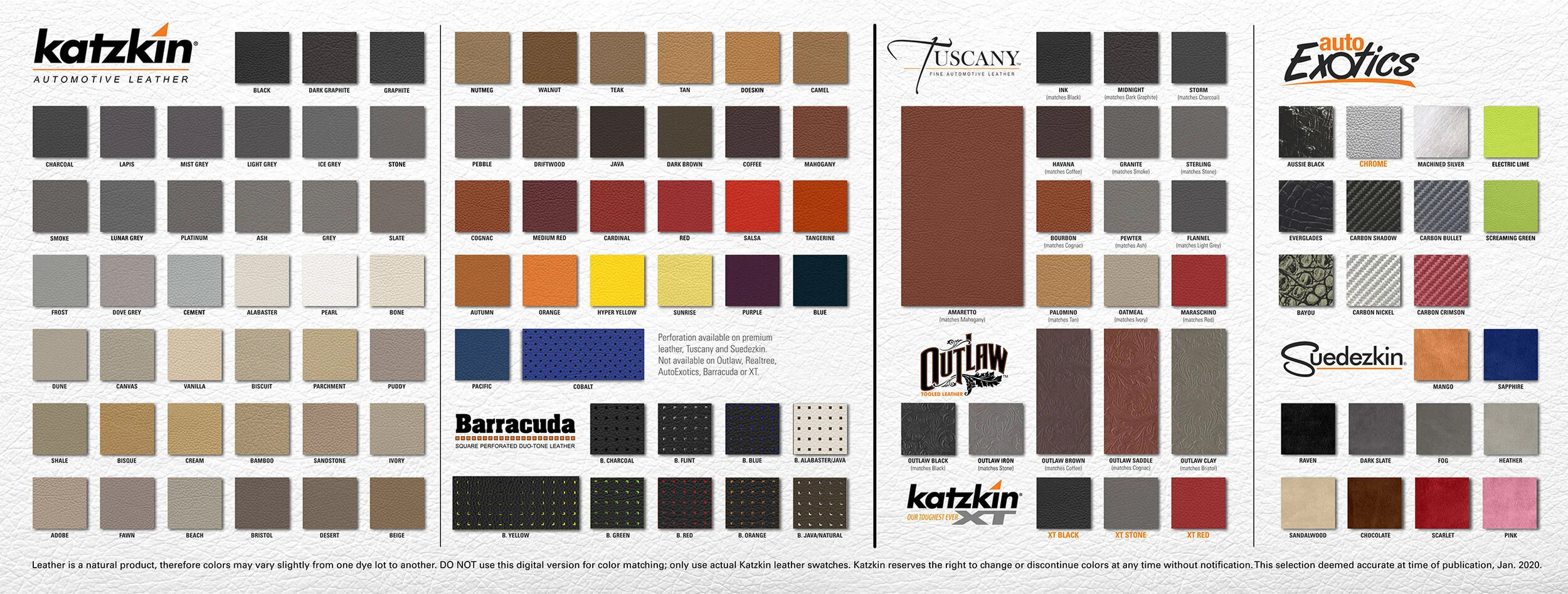 Katzkin Automotive Leather lineup and catalog of colors, textures, and third party manufacturers for interior seat upgrades.