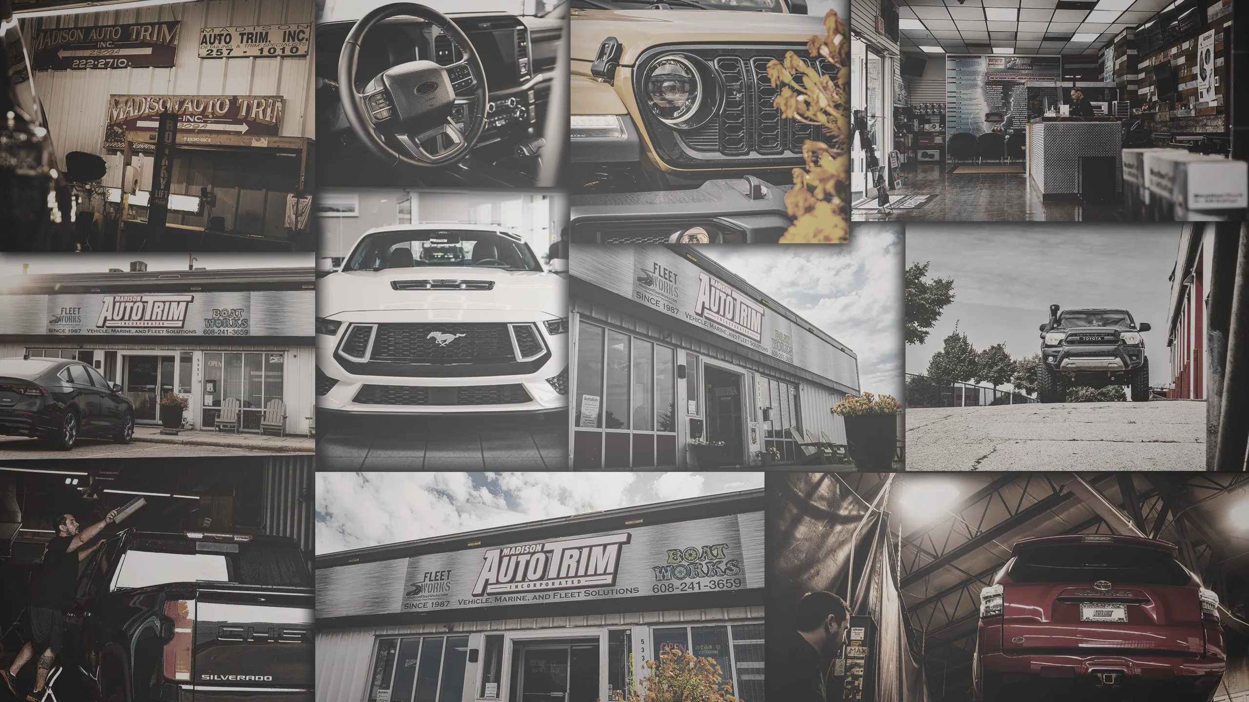 Madison Auto Trim background collage banner with 11 lifestyle photos of automotive services