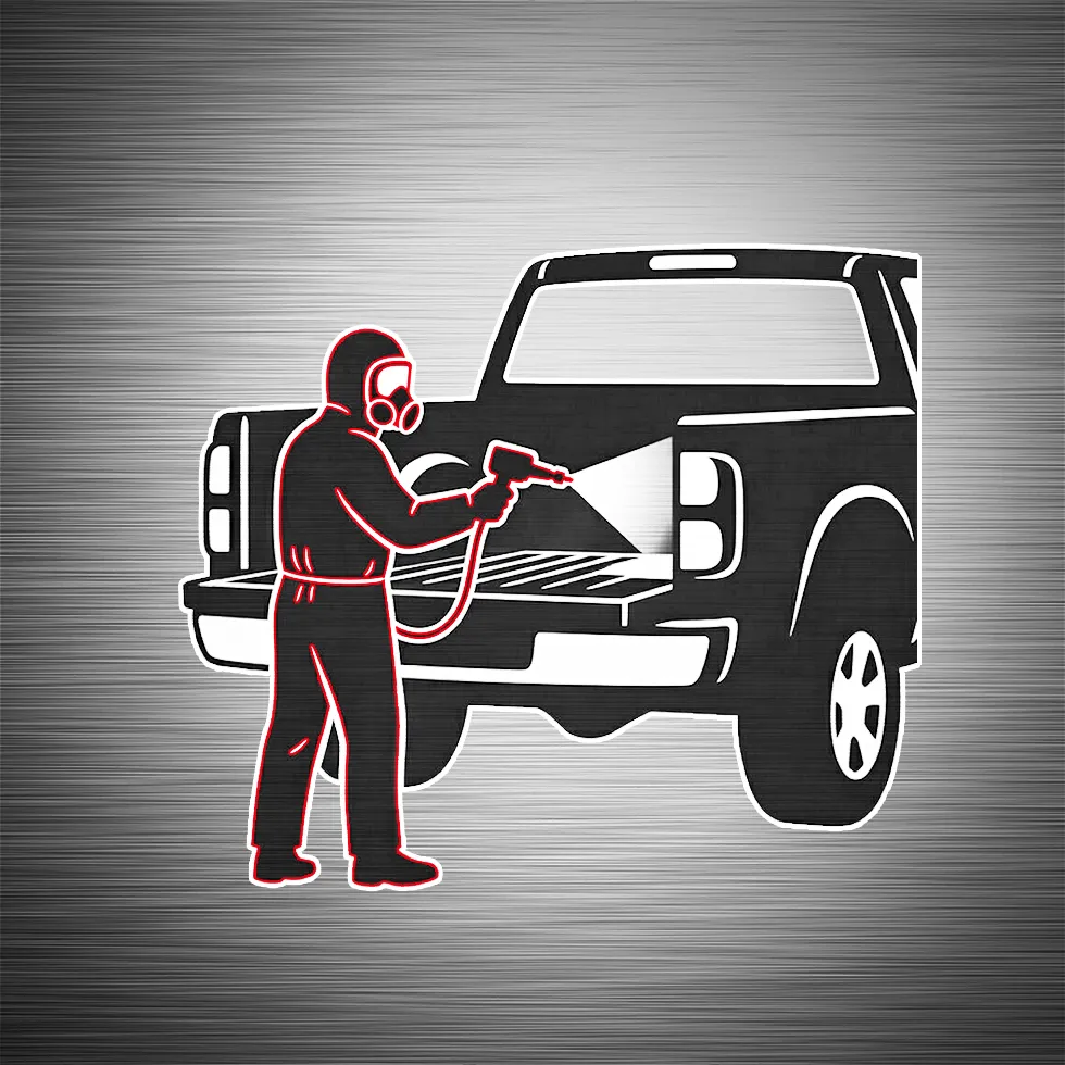 Graphic of a man in a full cover suit spraying a protective coating onto a black truck bedliner