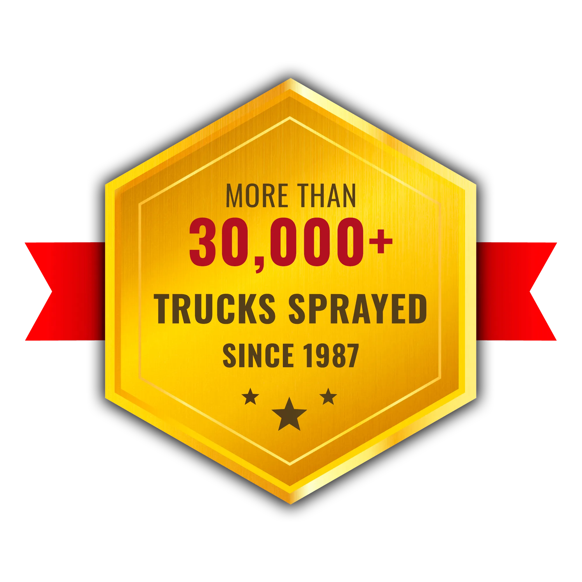 Golden badge with a red ribbon displaying text from Madison Auto Trim, LLC: "More Than 30,000+ Trucks Sprayed SINCE 1987"