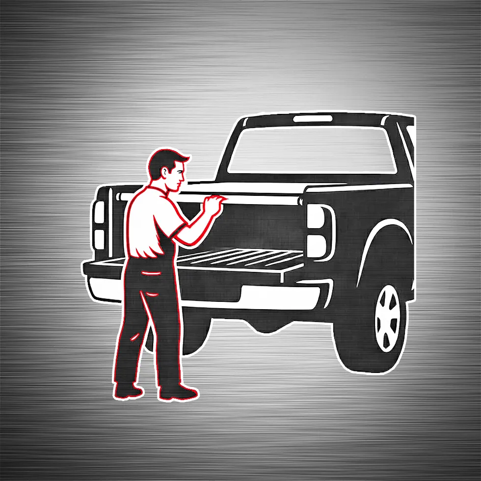 Graphic of a man rolling up a tonneau cover on a black truck