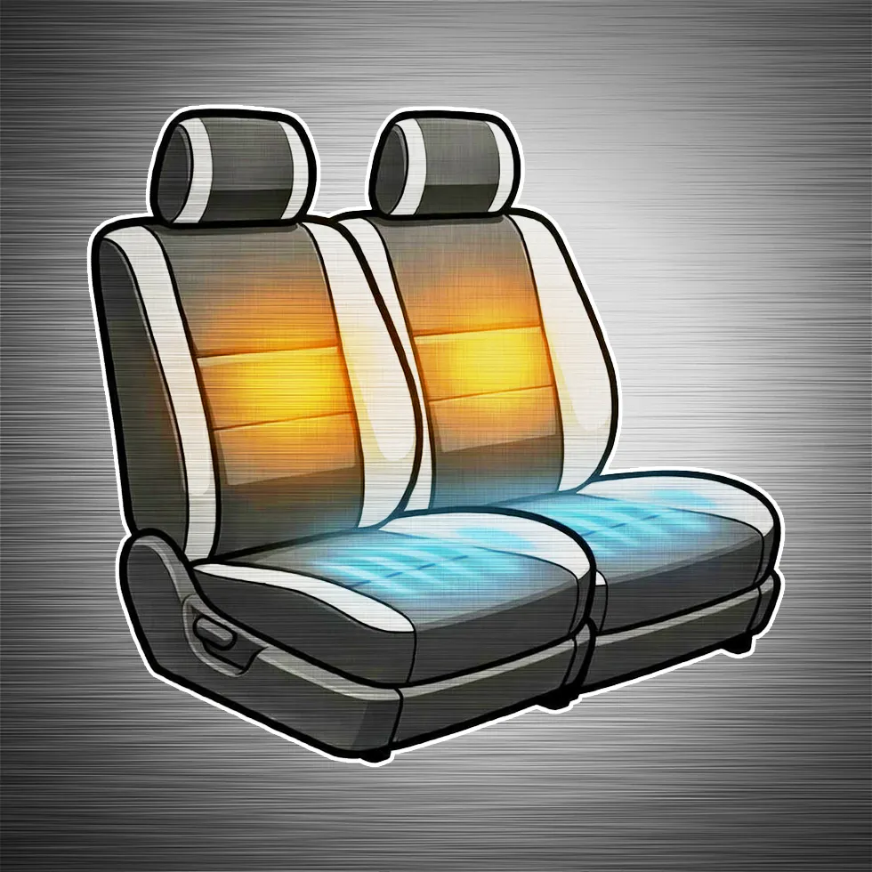 Front seats graphic highlighting heated and cooled seat installation by Madison Auto Trim, Wisconsin. Custom leather seating, climate-controlled seats, and professional vehicle seating solutions.