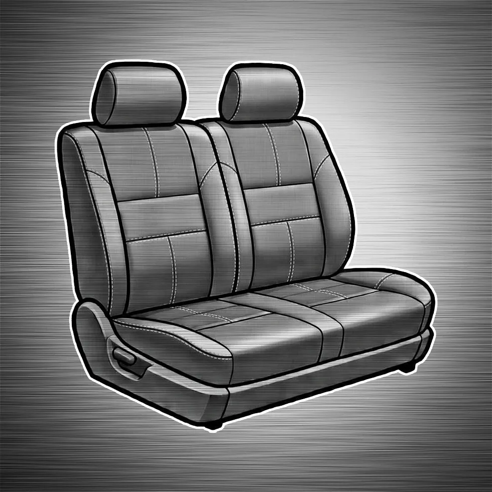 Front row graphic showing custom Katzkin leather seats by Madison Auto Trim, Wisconsin. Heated seats, massaging seats, and professional automotive interior enhancements.