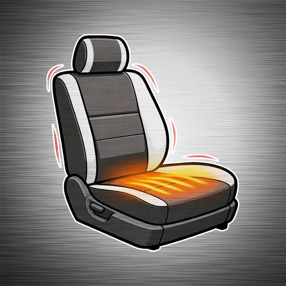 Luxury driver seat graphic depicting heated massaging seat system by Madison Auto Trim, Wisconsin. Custom leather seats, massage seat installation, and premium automotive seating upgrades.