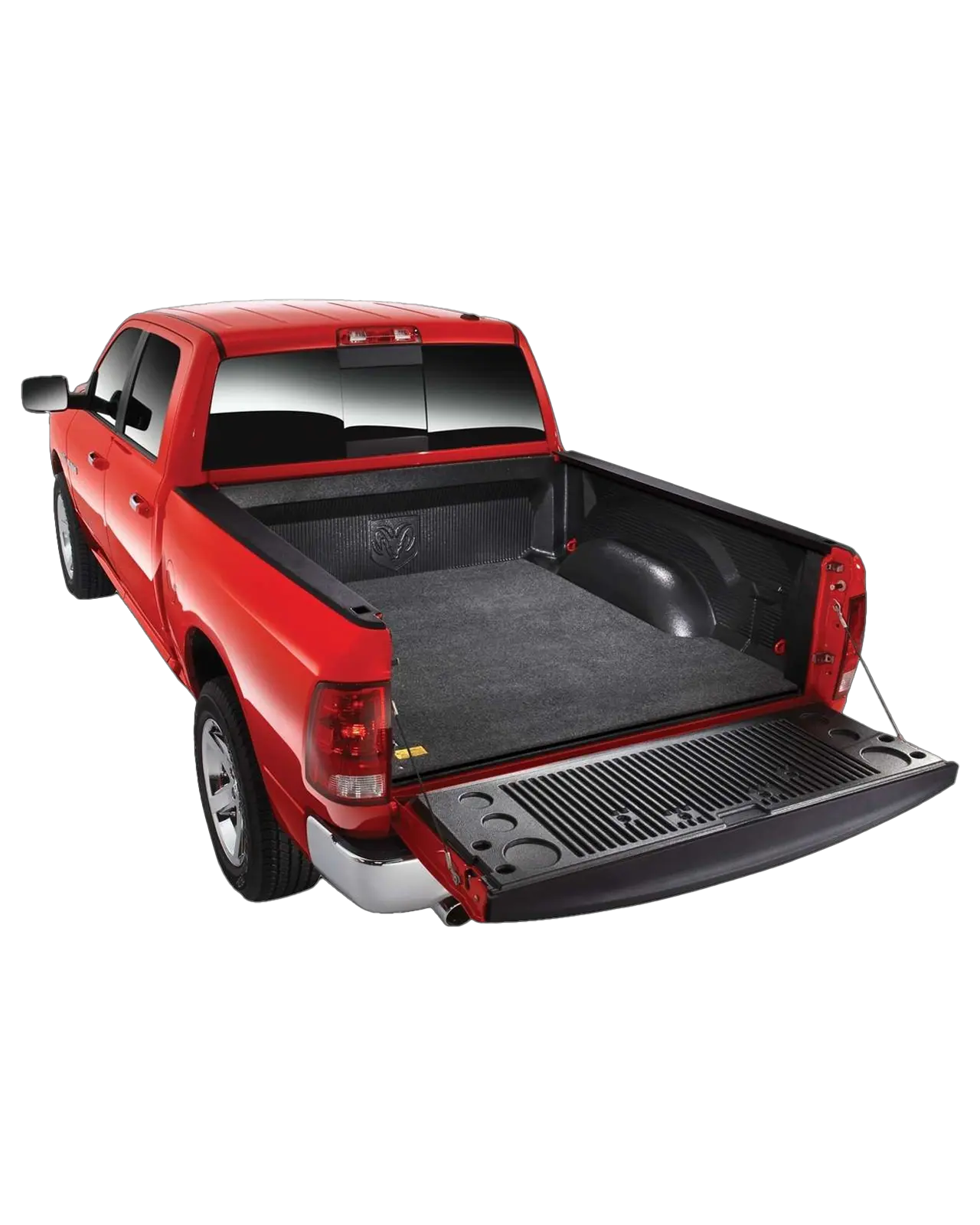 A red Ram truck with an open tailgate showing off a drop-in bed rug mat liner.