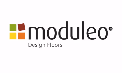 Moduleo logo with colored square tiles and text 'Design Floors'.