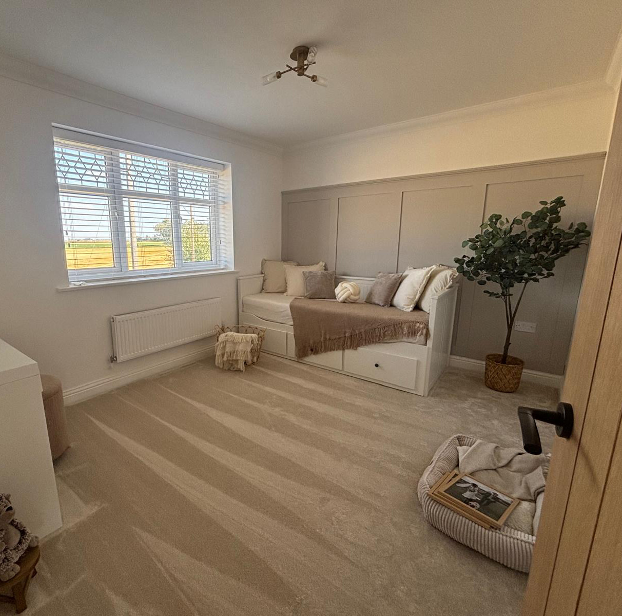 Bright room with beige carpet, white daybed with pillows and blanket, a basket, a potted plant, and a window with blinds.