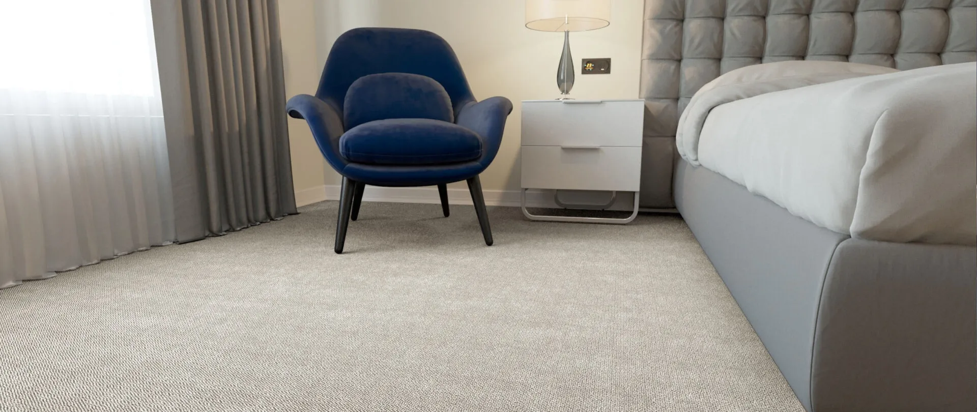 Luxurious Westex wool twist carpet fitted in a master bedroom in Peterborough, Cambridgeshire — professionally installed by Cambridgeshire Carpets with premium underlay
