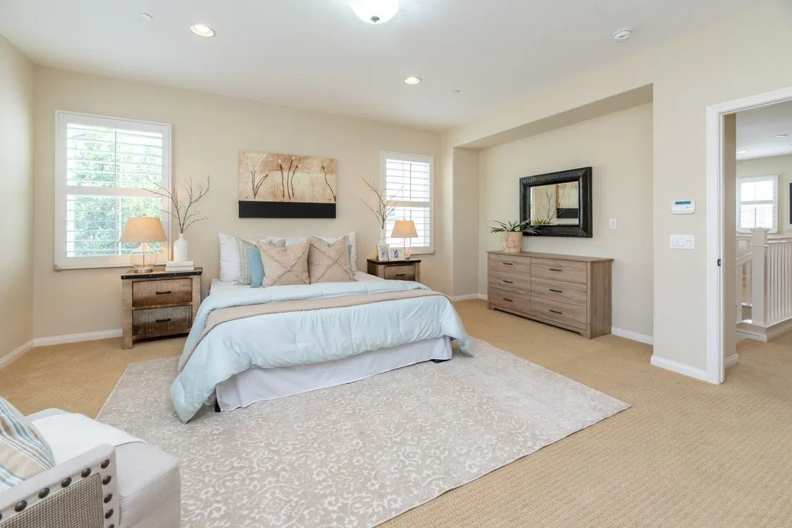 Calm modern bedroom with soft neutral carpet and natural light
