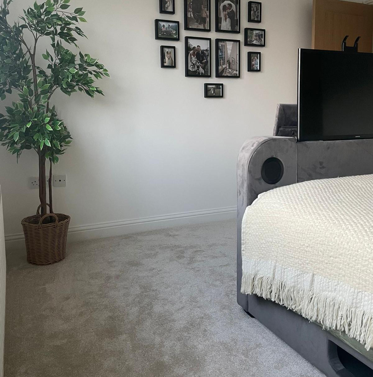 Corner of a bedroom with grey carpet, a grey upholstered bed with a cream textured blanket, a flat-screen TV at the foot of the bed, a potted artificial tree, and a gallery wall of black-framed photos on a white wall.