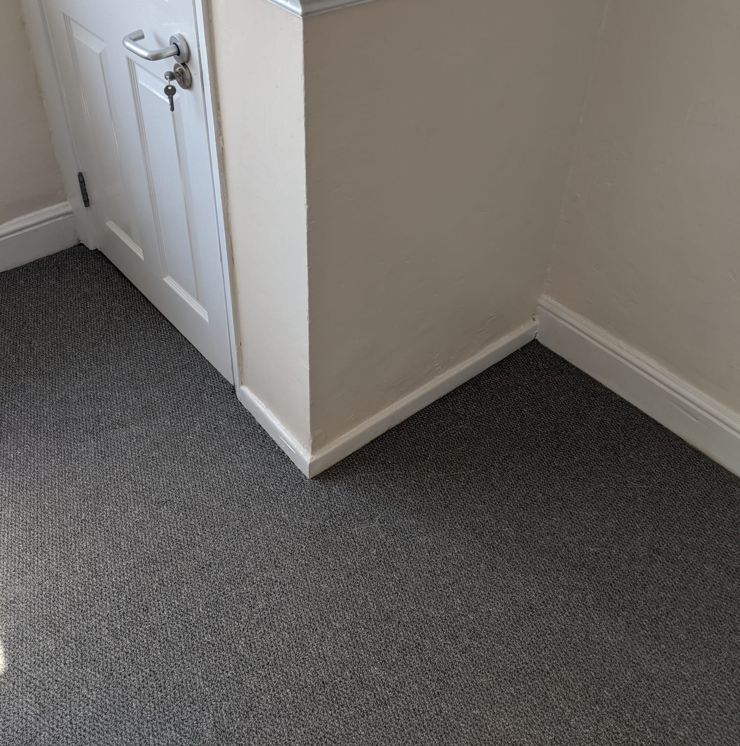 Corner of a room with light beige walls, white door with keys in the lock, and dark grey textured carpet flooring.