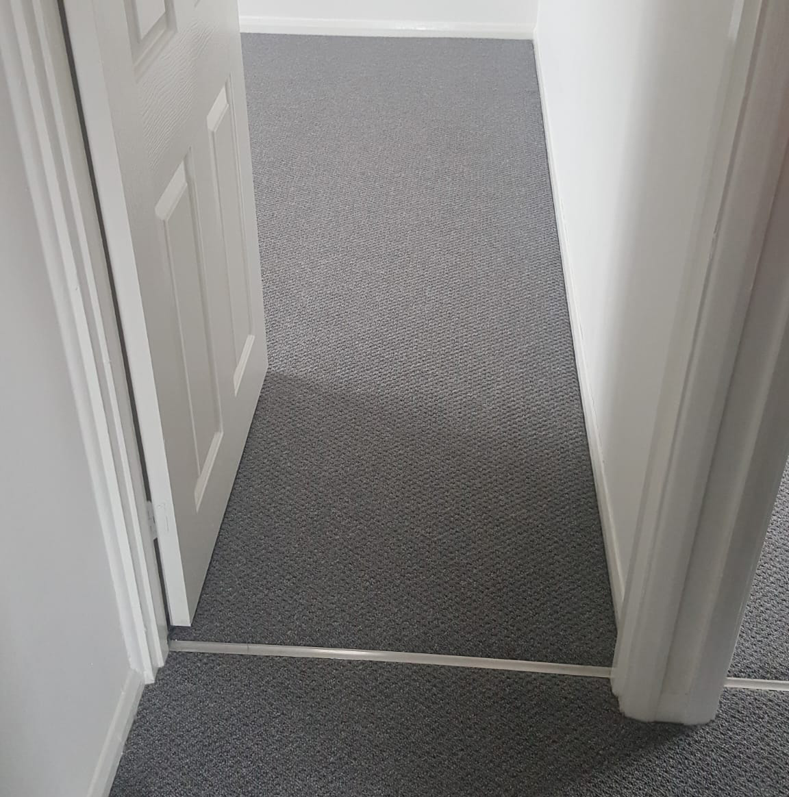 Gray carpet flooring in a hallway with a white door partially open.