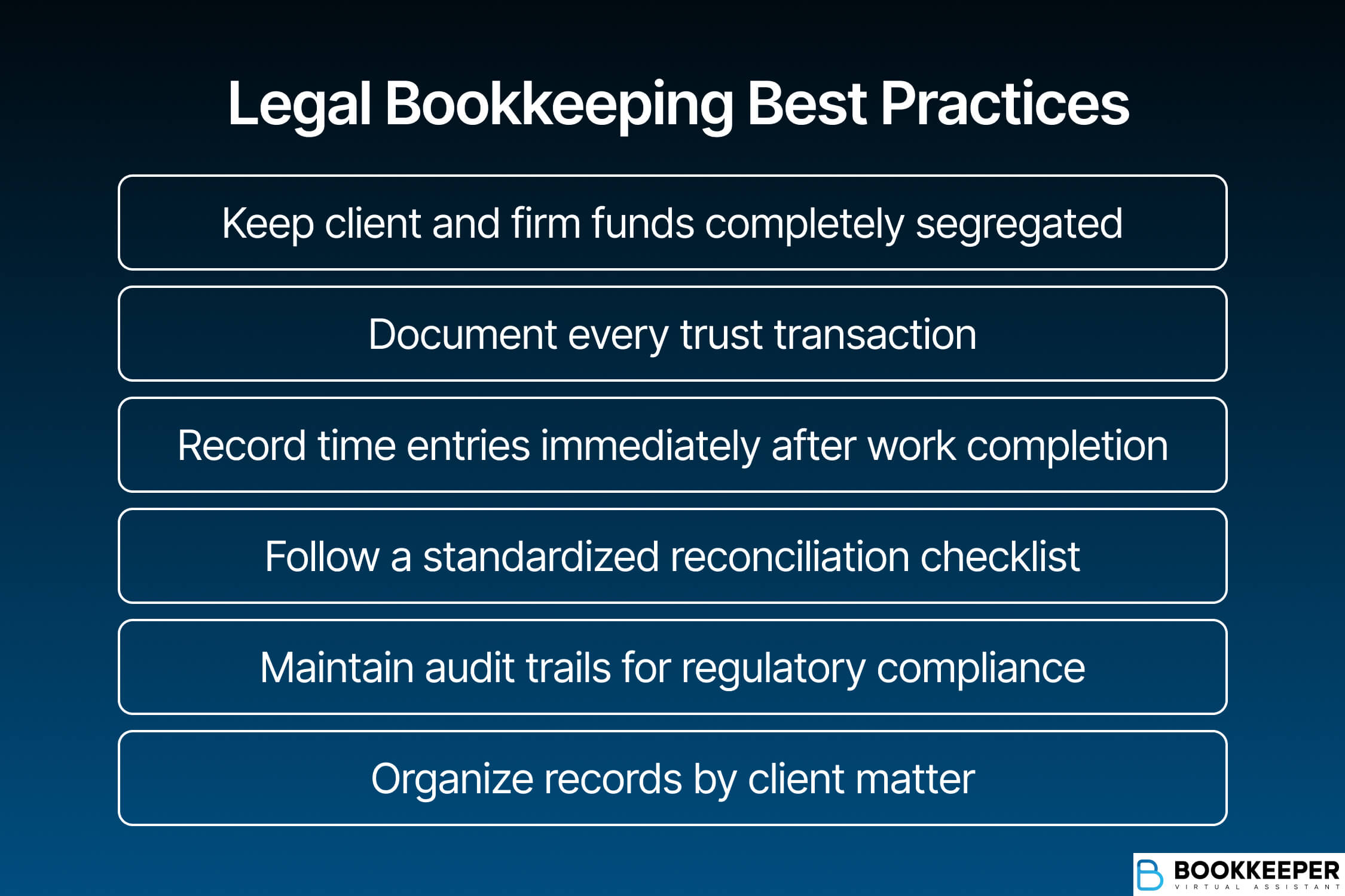 list of best legal bookkeeping best practices that law firm can follow to have more effective financial management and recording.