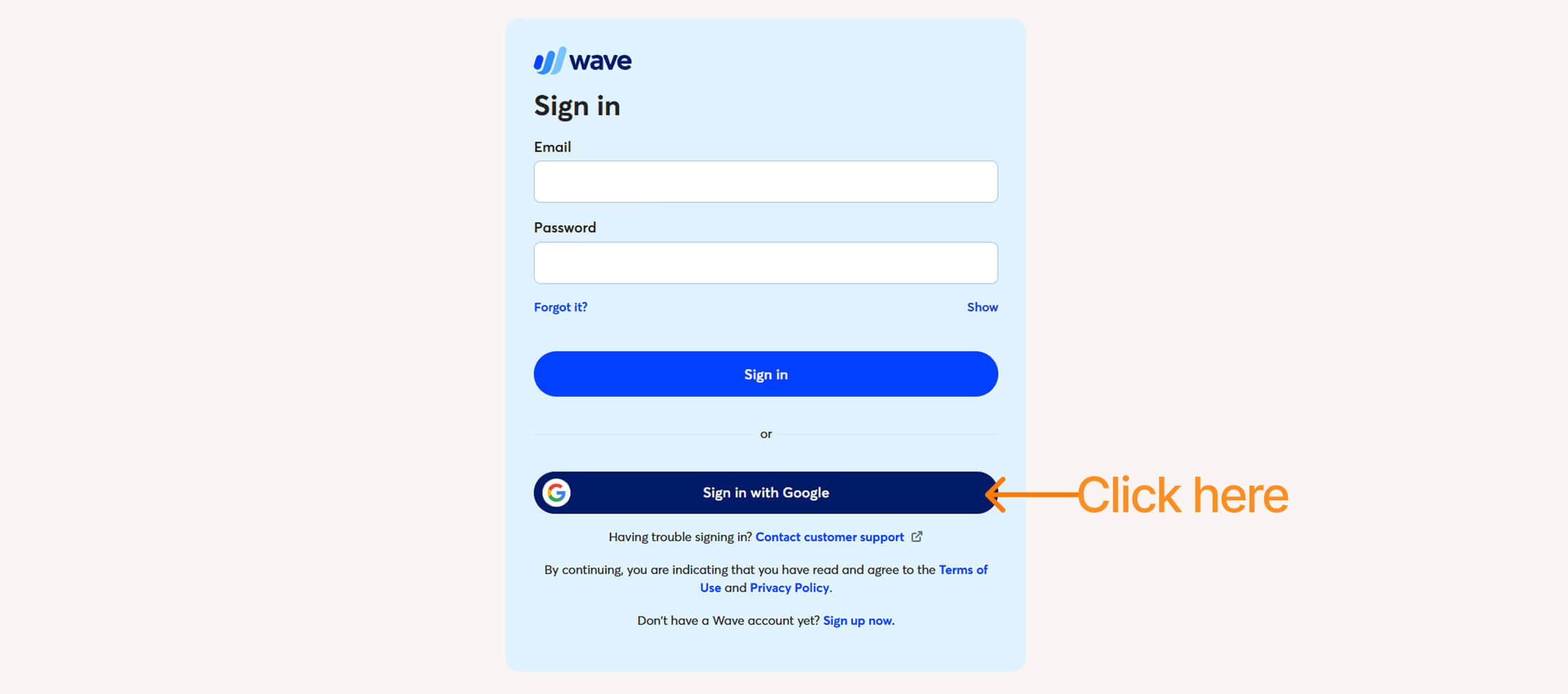 Wave signing in by clicking Sign in with Google for Google authentication