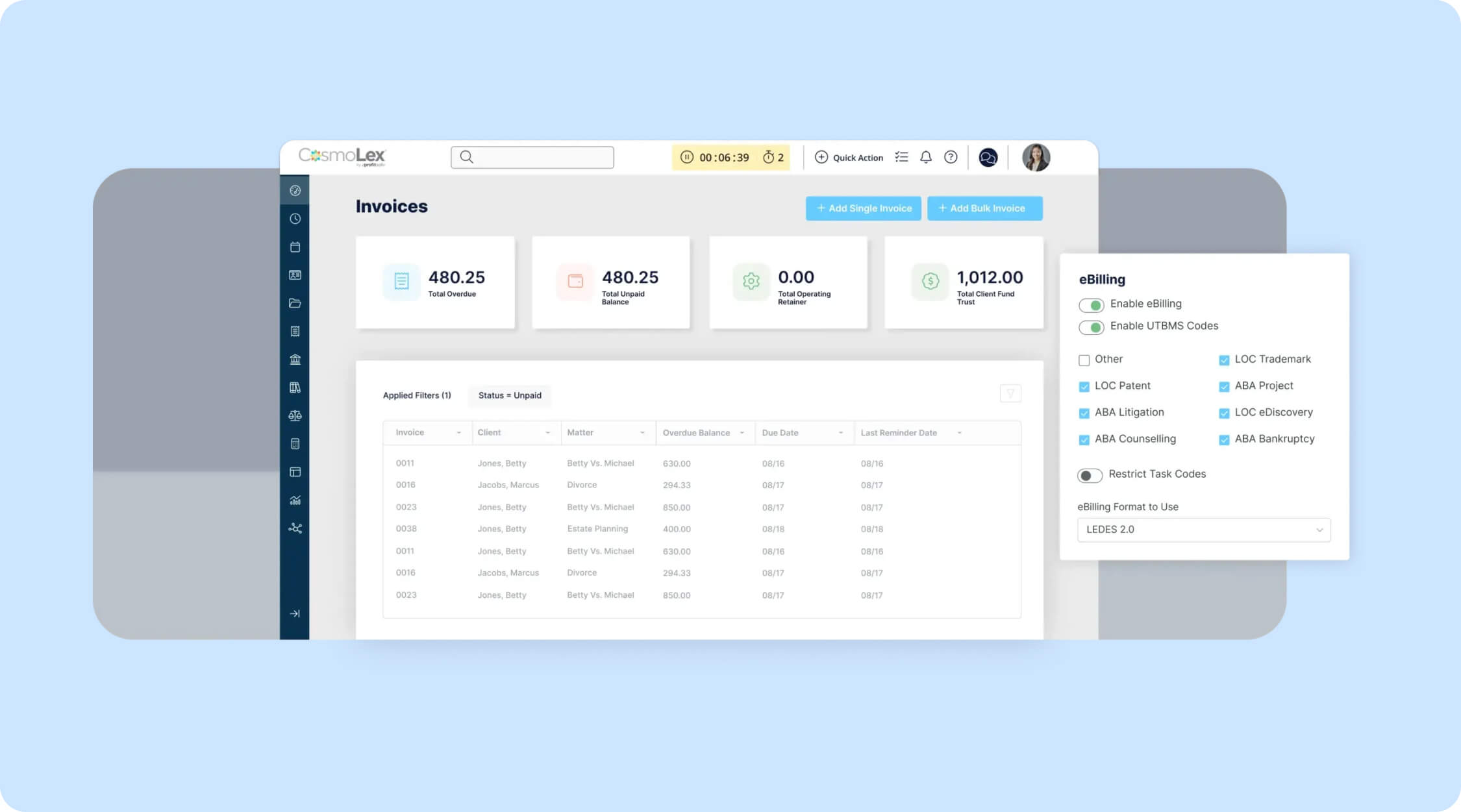 CosmoLex invoice management