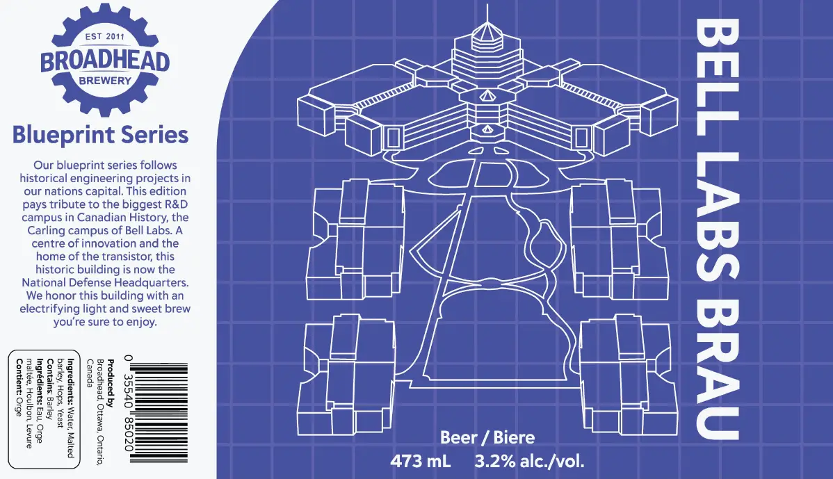 Bell Labs Brau can design, blue with a large schematic 