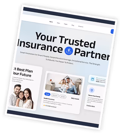 Website homepage featuring insurance services with headline 'Your Trusted Insurance Partner', navigation menu, family photo, and a plan selection card.