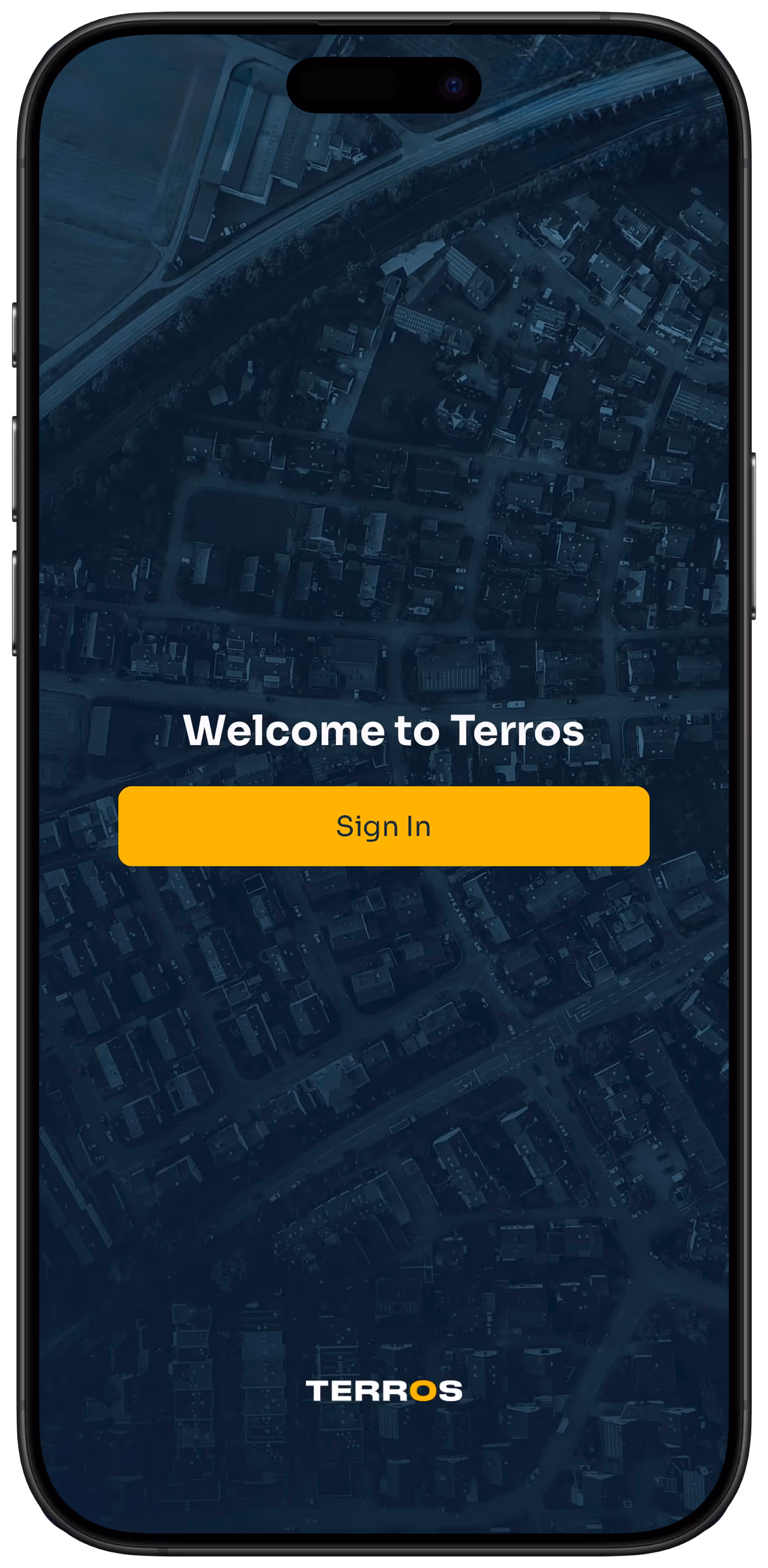 Mobile phone screen showing Terros app welcome page with 'Welcome to Terros' text and an orange 'Sign In' button over a dark aerial view of a city.