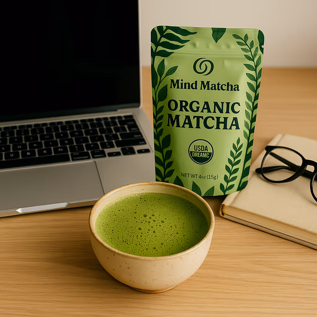 Matcha cup next to organic matcha package, a laptop, and a notebook with glasses on top of it, all on a desk.