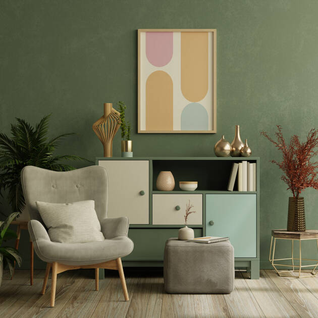 Room in a home with green paint on the walls