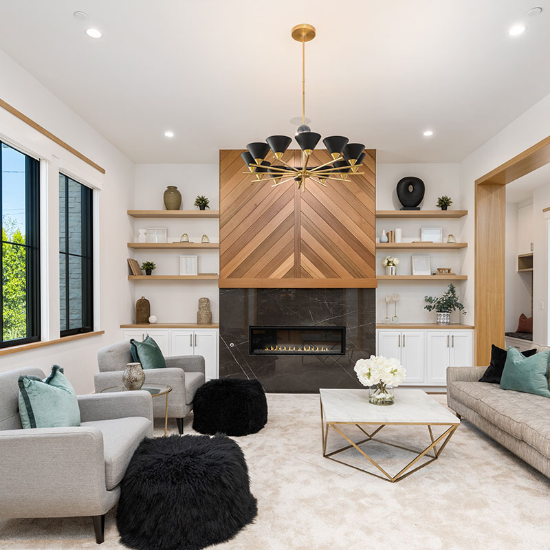 Modern living room with fireplace in the middle