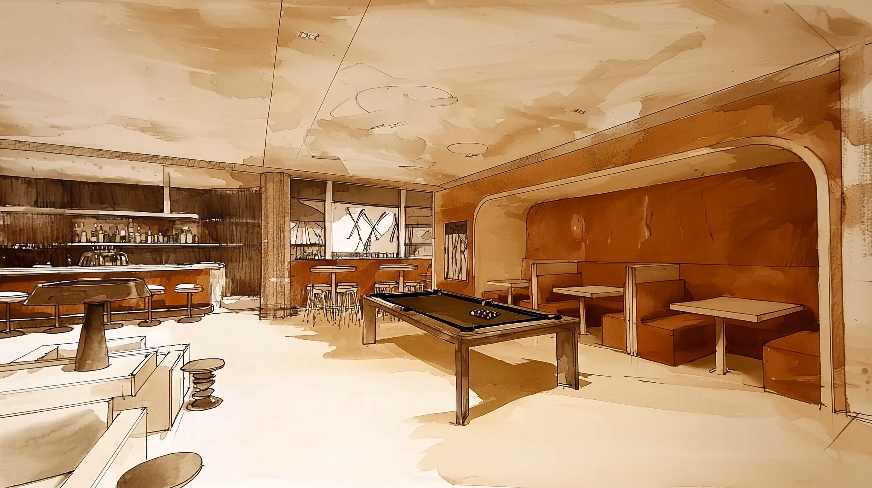 Illustration of a lounge area with a pool table in the center, bar counter with stools on the left, and booth seating along the right wall.