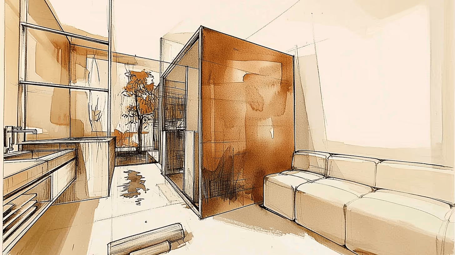 Sketch of a modern wellness room with a cushioned bench, a central partition, and minimalistic decor in warm tones.