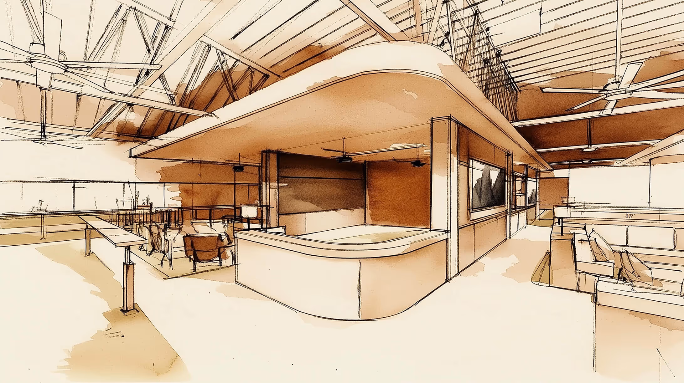 Architectural sketch of a modern open interior space with a central curved reception desk, ceiling fans, and seating areas under a high ceiling with exposed beams.
