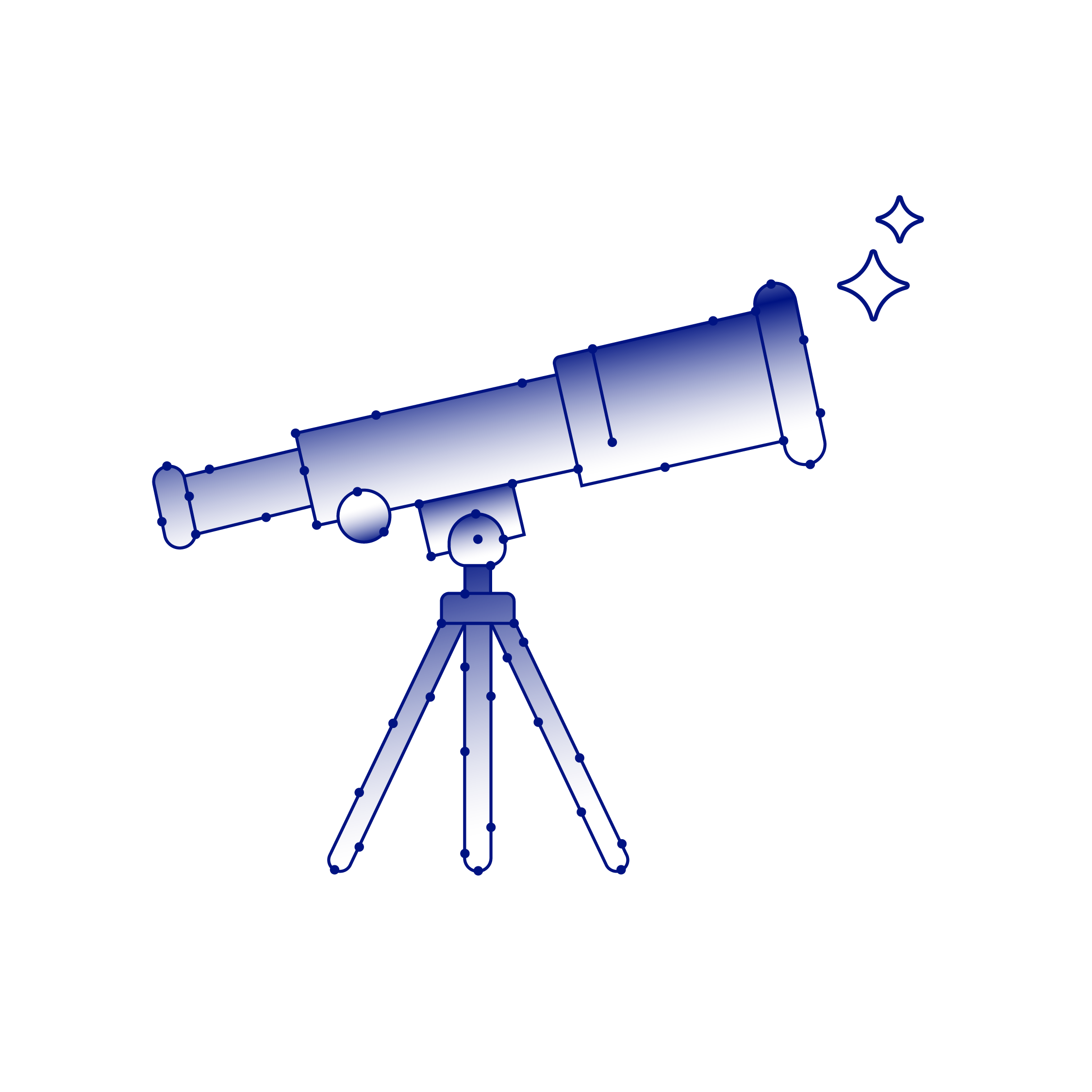 Blue silhouette of a telescope on a tripod with two stars near the eyepiece.