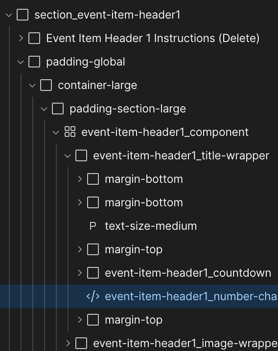 Screenshot of a code or markup editor showing nested expandable sections and components with class names related to event item header and padding styles.