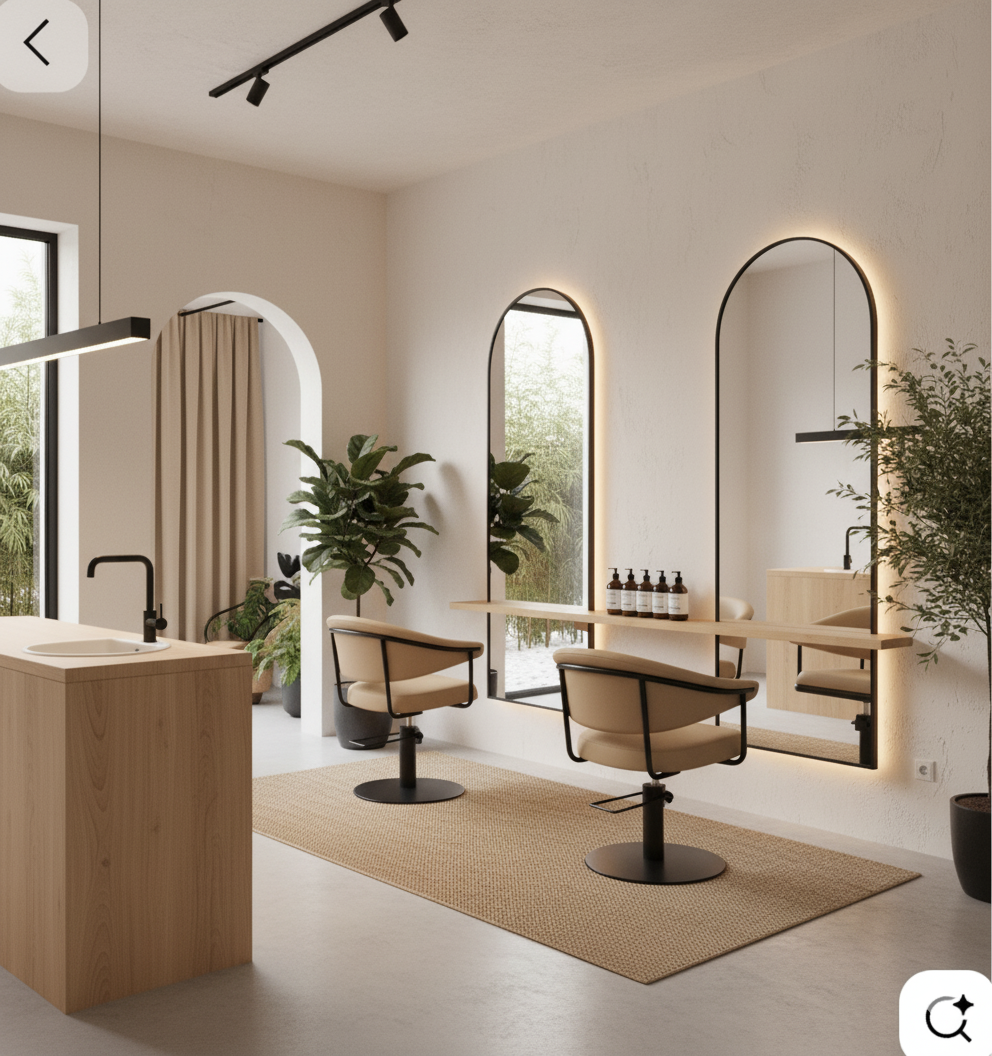 Minimalist salon interior with two tan swivel chairs facing large arched mirrors mounted on a white wall, wooden sink counter, and indoor plants.