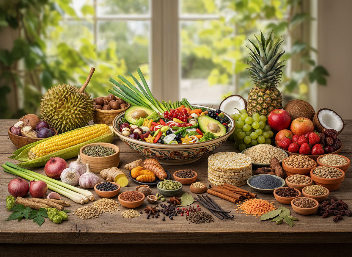 A wooden table with a variety of fresh fruits, vegetables, spices, nuts, grains, and a bowl of colorful salad, set in front of a window with blurred greenery outside.