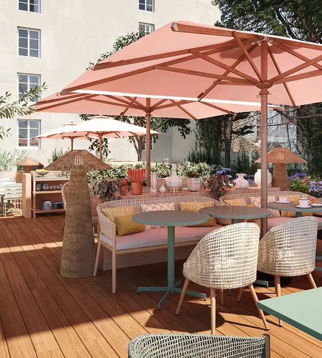 Soléo Prado, terrasse de l’hôtel à Marseille, coin détente lumineux près du boulevard de Louvain.