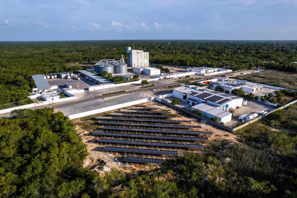 Aerial view of solar panels and industrial buildings surrounded by forest under a blue sky.