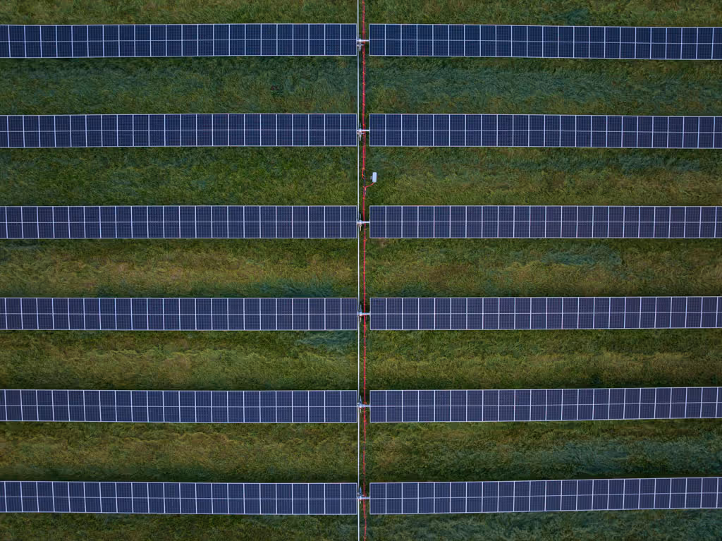 Aerial view of rows of solar panels installed on green grass in a solar farm.