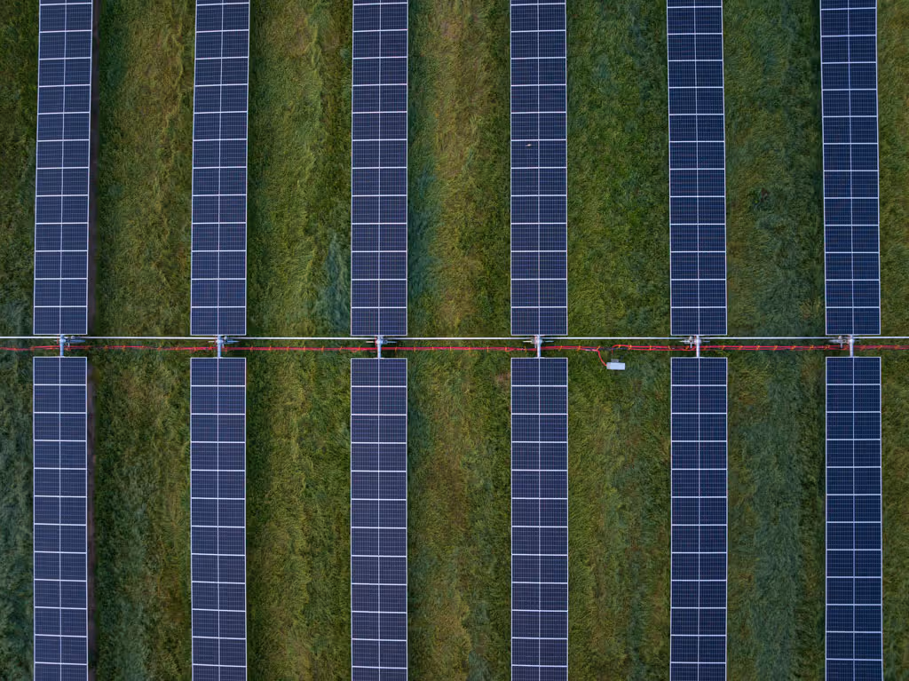 Aerial view of solar panels arranged in rows on green grass field.