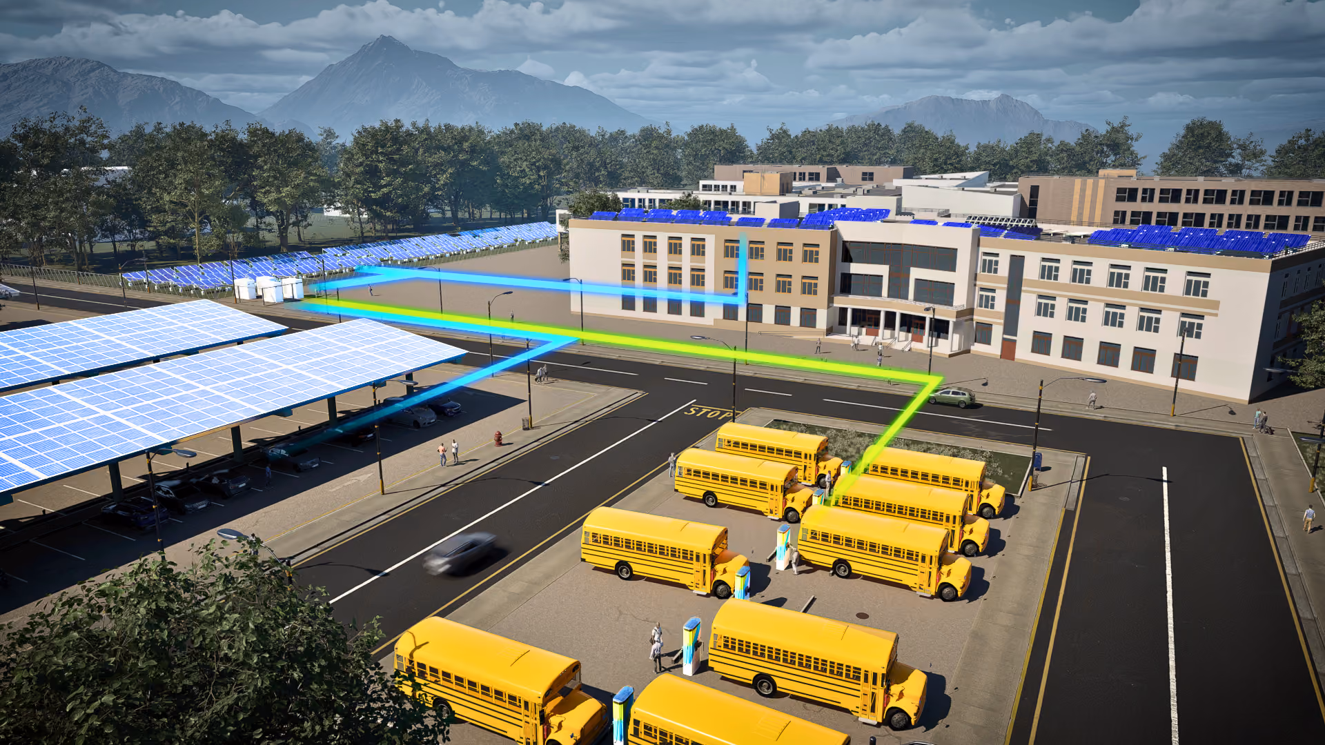 Yellow electric buses charging under solar panel canopy near school building with rooftop solar panels.