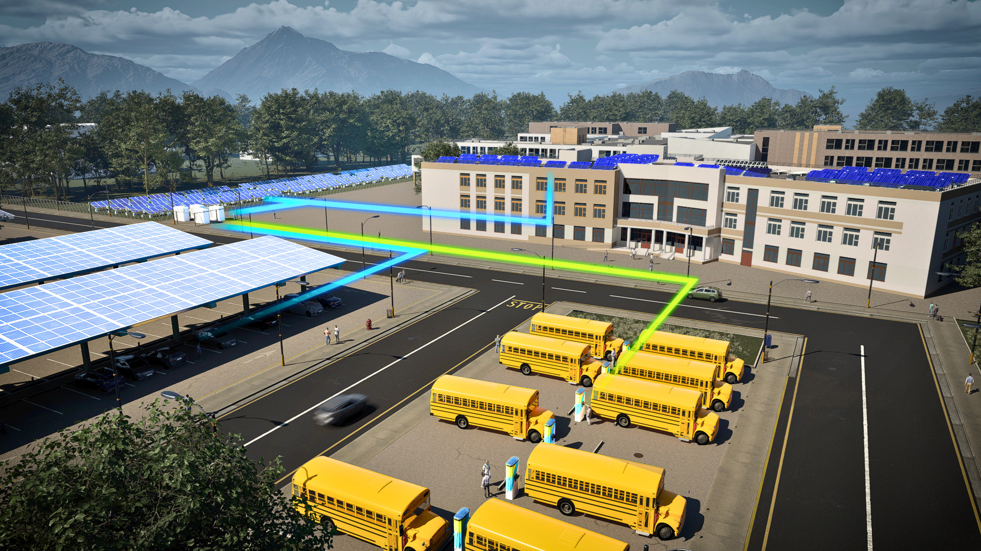 Yellow electric buses charging under solar panel canopy near school building with rooftop solar panels.