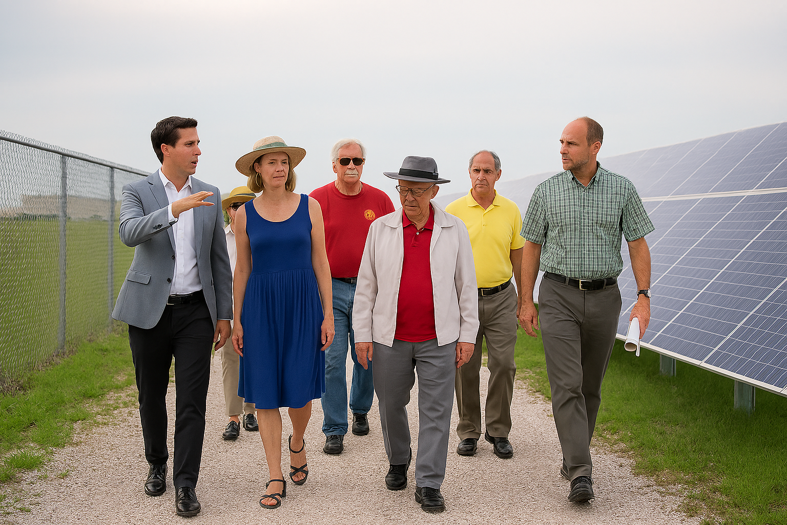 Group of six adults walking by solar panels during an outdoor site tour on a cloudy day.