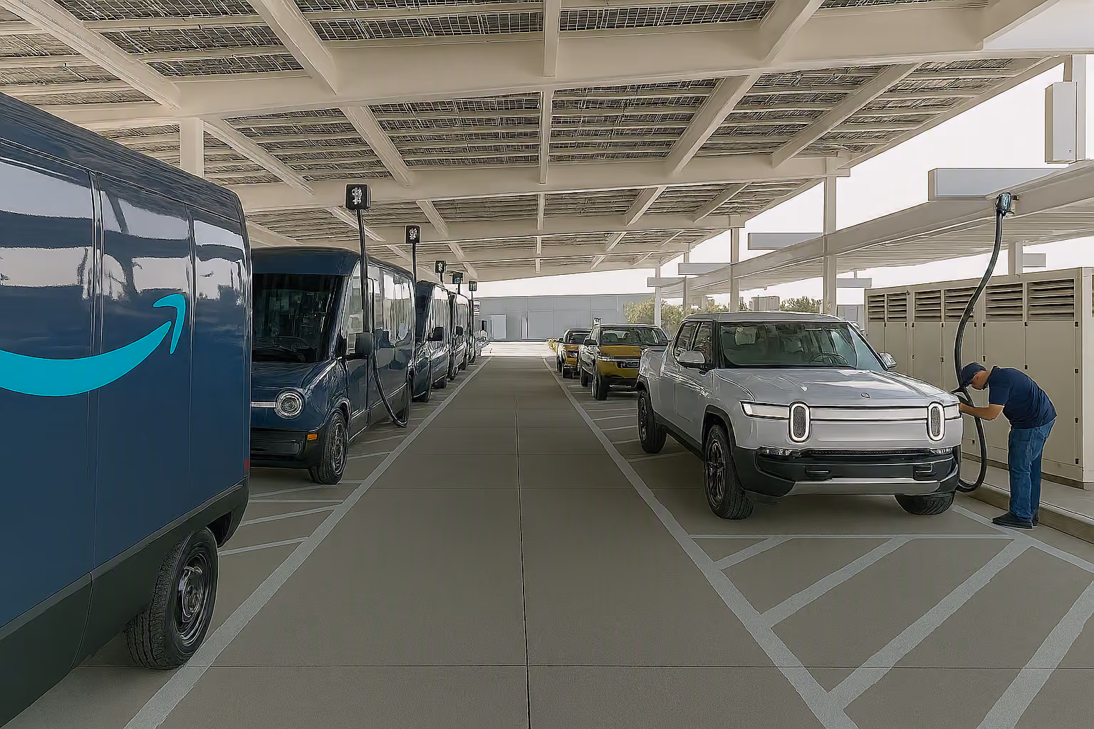 Person charging a silver Rivian electric pickup at a covered charging station with multiple vehicles.