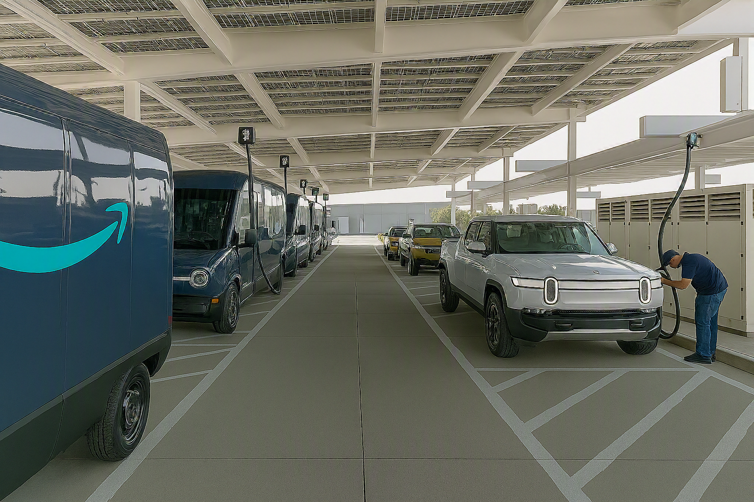 Person charging a silver Rivian electric pickup at a covered charging station with multiple vehicles.