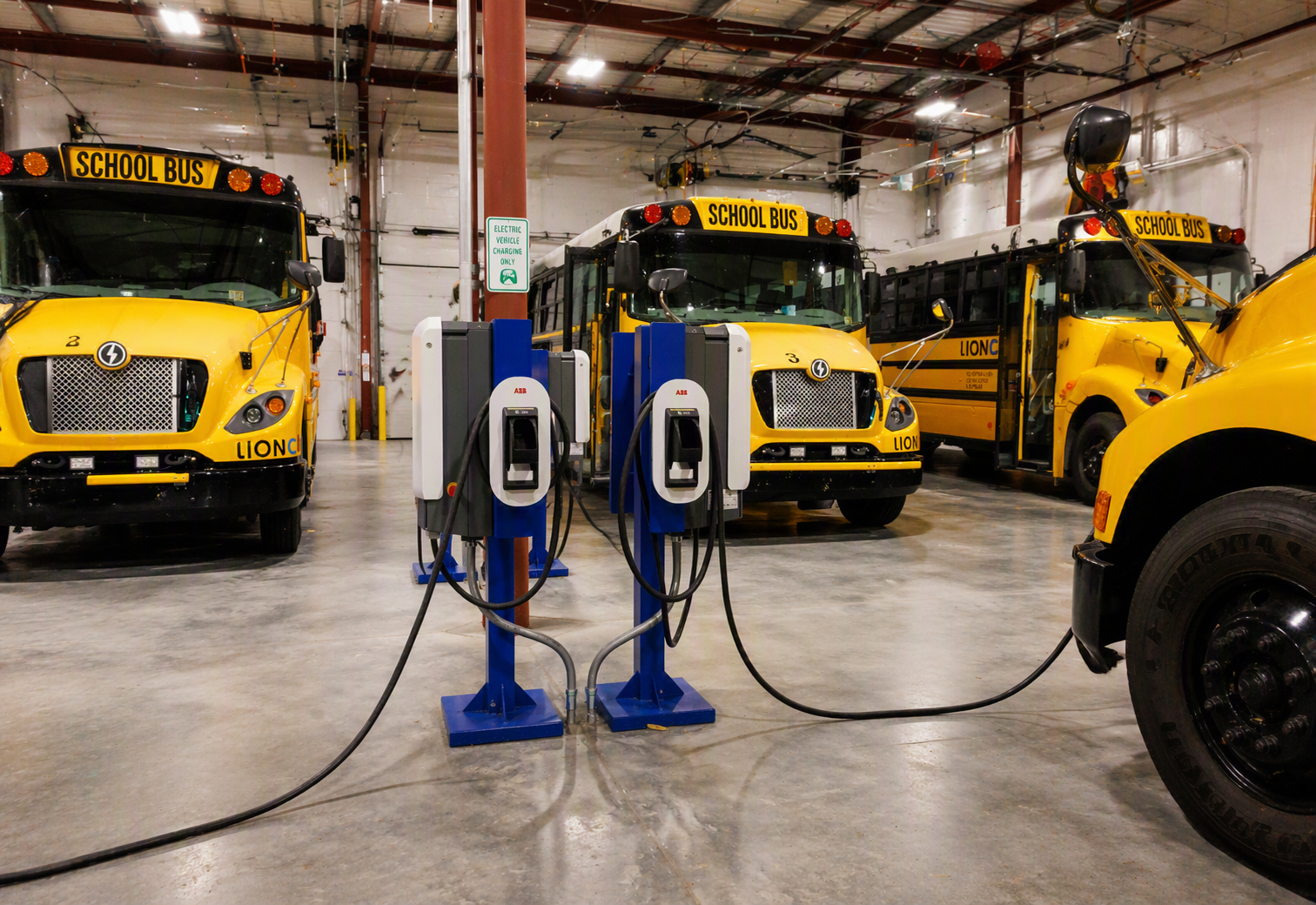 Electric school buses parked inside a garage connected to blue and white charging stations.