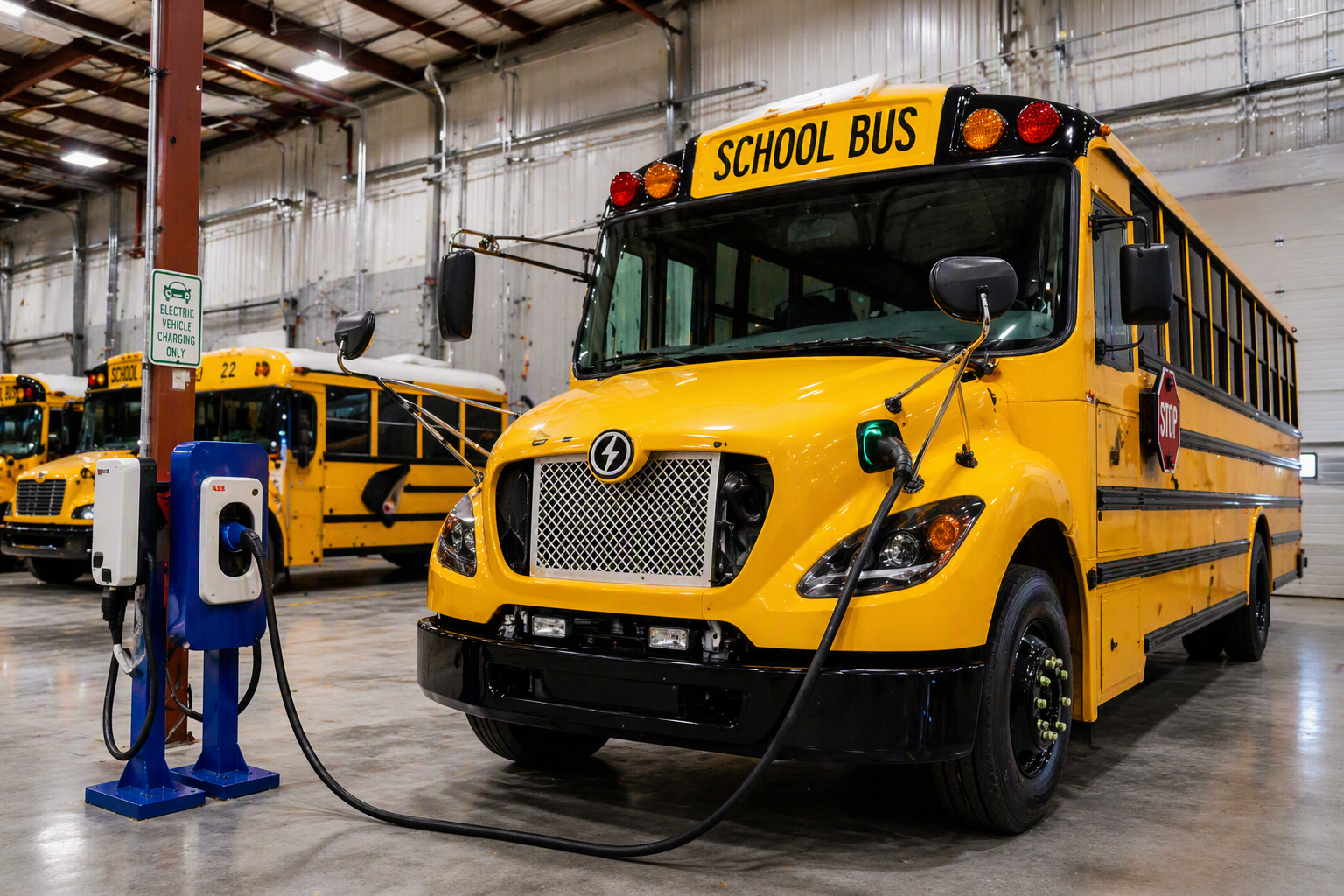 Yellow electric school bus charging inside a garage at a station labeled for electric vehicles only.
