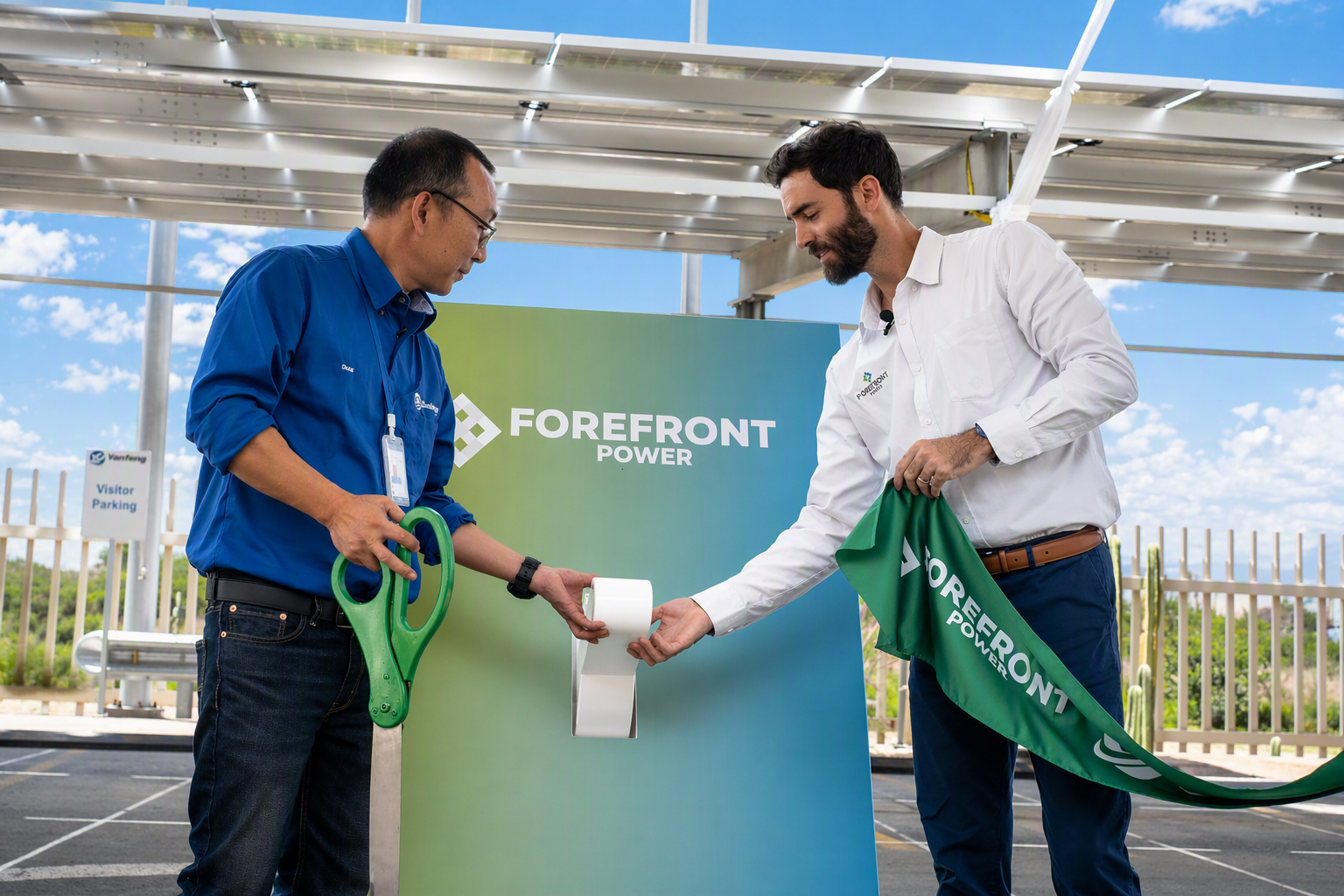 Two men hold large green scissors and ribbon at Forefront Power event under solar panels.