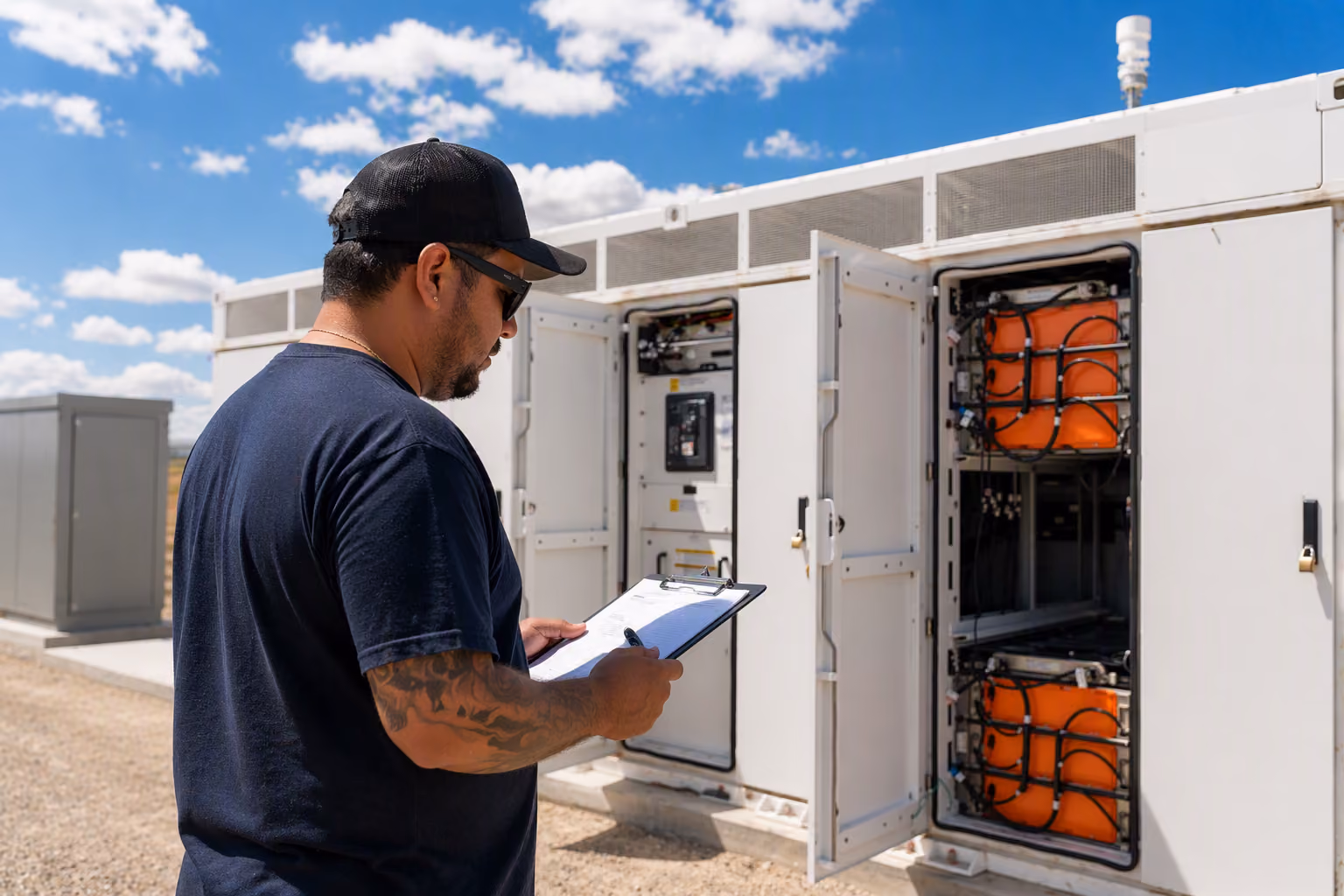 Man with tattoos inspects open electrical panels with orange batteries outdoors under blue sky.