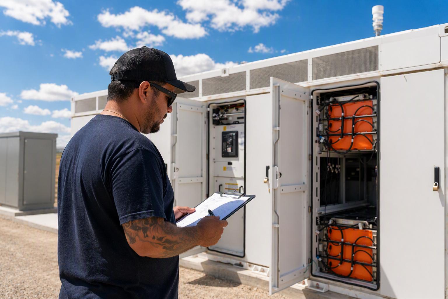 Man with tattoos inspects open electrical panels with orange batteries outdoors under blue sky.