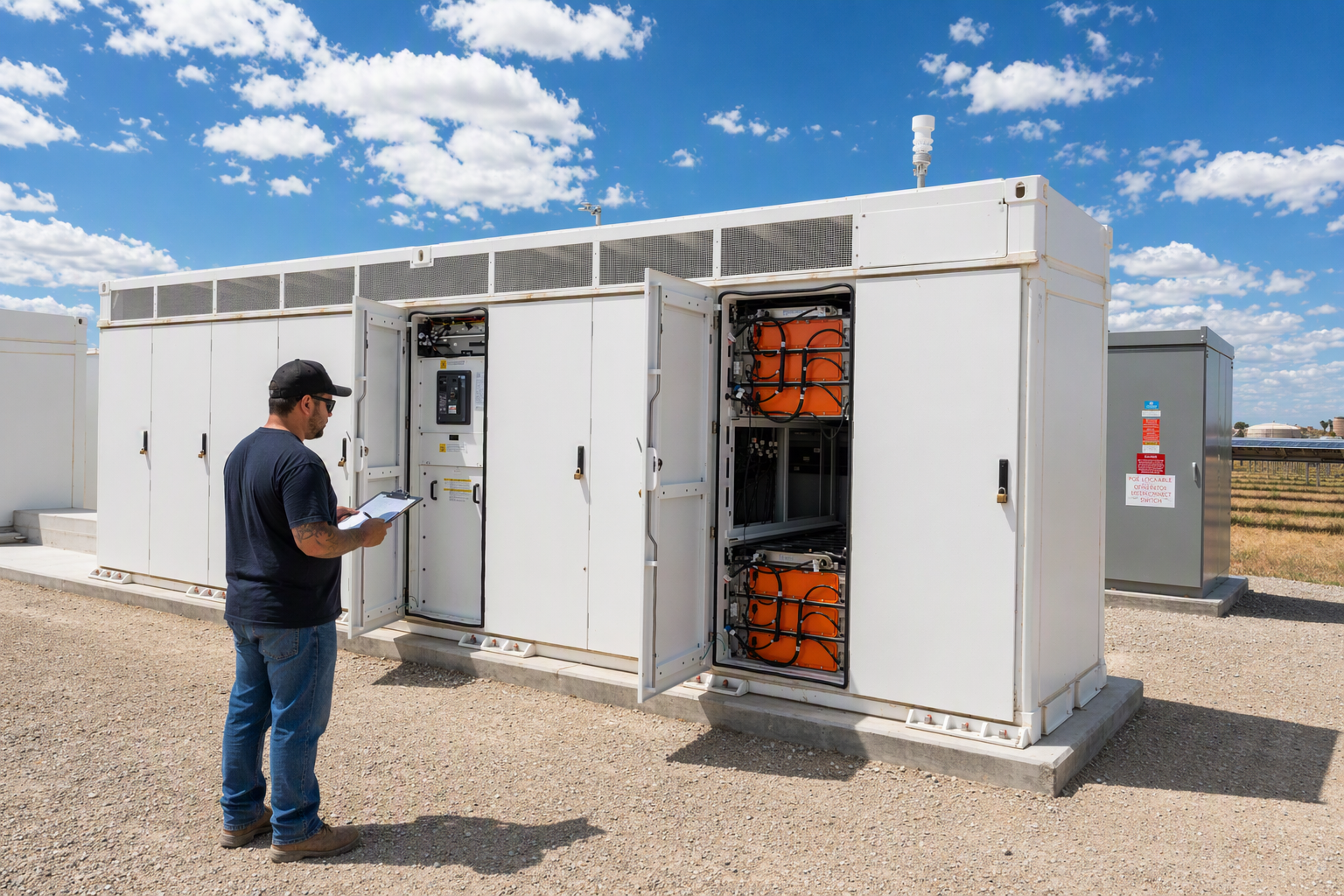 Technician with clipboard inspects open electrical panels in outdoor battery energy storage units.