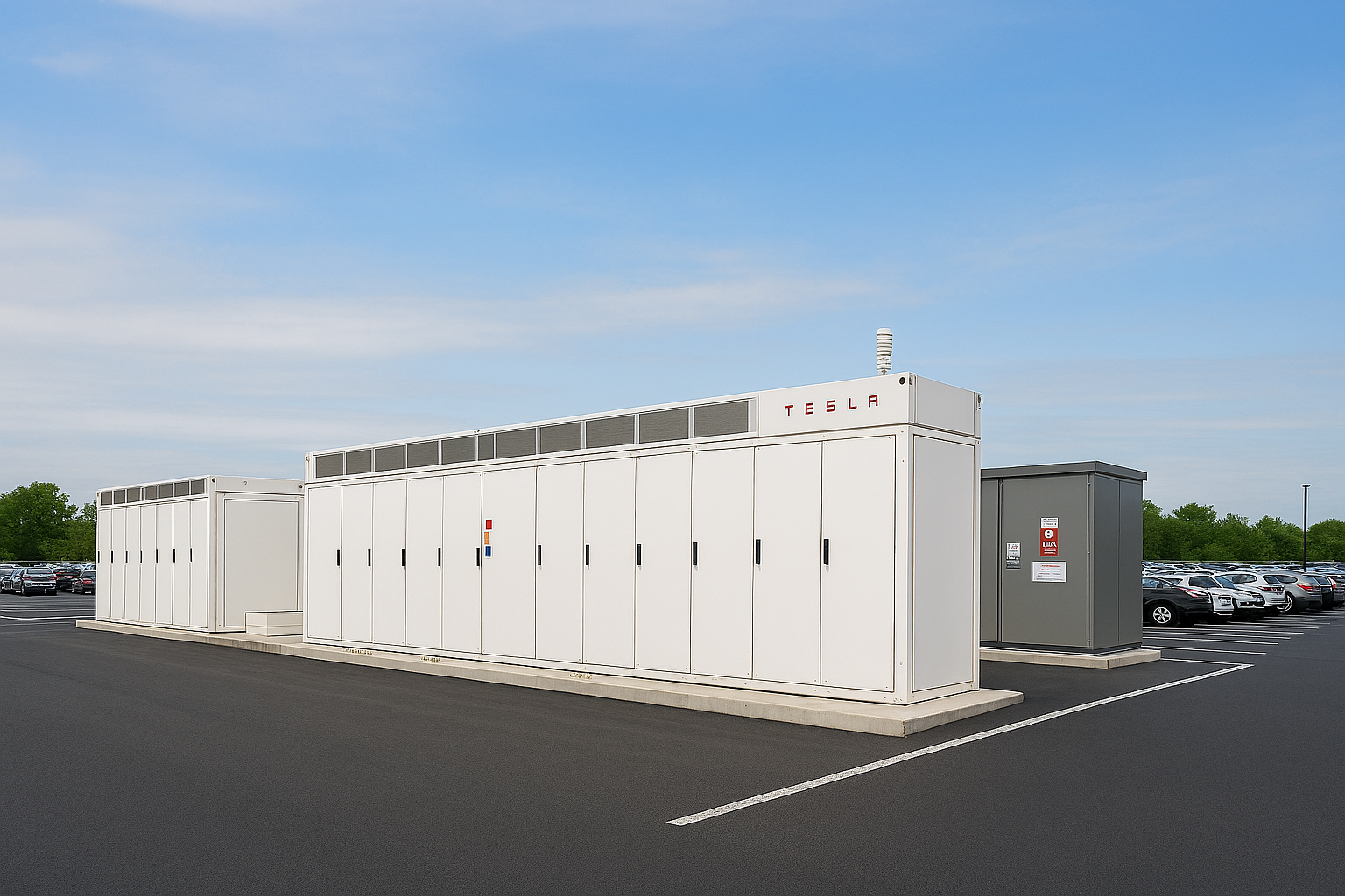 Large white Tesla battery energy storage system units installed in a parking lot next to parked cars.